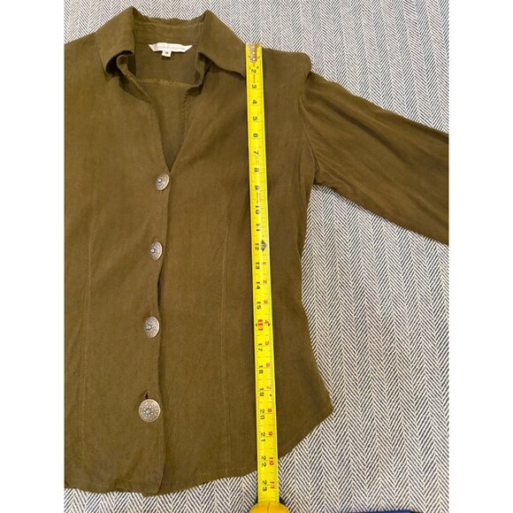 Vintage Western Olive Green Button-Up Shirt W/ Engraved Metal Buttons & Turquois - Picture 9 of 11